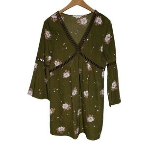 Entro Green Floral V-Neck Shift Dress Women’s Size M Boho Style